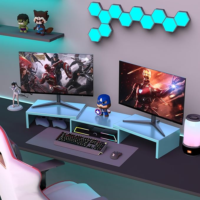 Dual Monitor Stand for Desk, Metal Computer Stand, Desk Shelf Riser,Desktop Organizer for Home and Office Use (Blue)