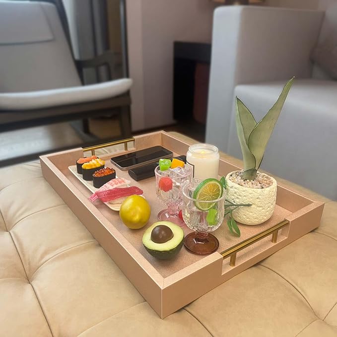 14x20 Inches Champagne Faux Leather Wrapped Wood Serving Tray with Metal Handles for Various Occasions, Ottoman, Home Decorative, Living Room, Coffee Table Organizer, Serving Breakfast On Bed