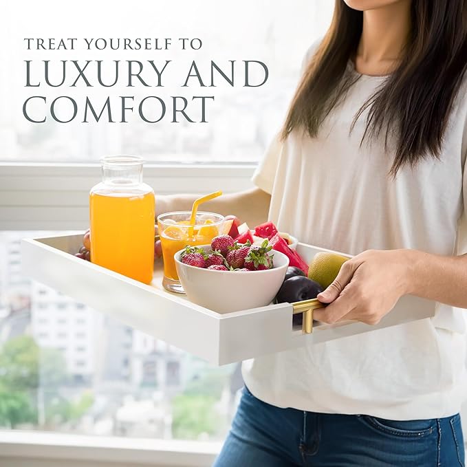 Wood Serving Tray with Gold Polished Metal Handles, Home Decorative Wooden Rectangle Ottoman Decor Platter Bathroom Vanity Tray for All Occasions, Gloss Finish, 16"x12", White