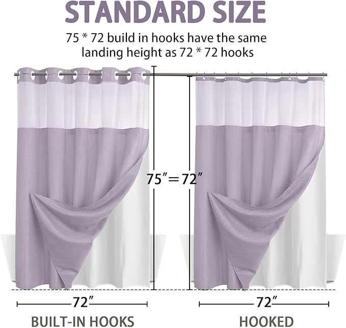 YellyHommy No Hook Shower Curtain with Snap in Liner Set Less Time Waffle Shower Curtain for Bathroom 75" L x 72" W Purple