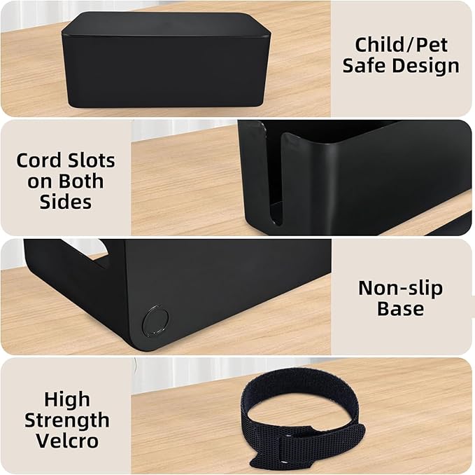 YaeCCC Cable Management Organizer Box Power Strips Hider Power Cords Hider for Desk, TV, Computer, USB Hub,Cords (Set of Three) Black