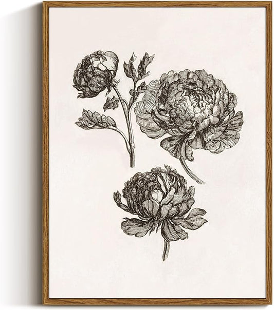 VIYYIEA Vintage Cottagecore Decor Framed Wall Art, Botanical Sketch Wall Art Bedroom Decor, Canvas Print Peony Pictures, Living Room Bedroom Country Decorations, 12x16 inch