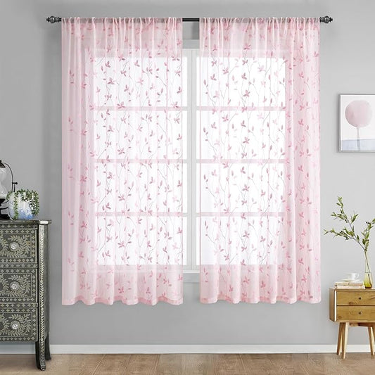 HOMEIDEAS Pink Sheer Curtains 52 X 63 Inches Length 2 Panels Embroidered Vine Floral Pattern Pocket Faux Linen Semi Sheer Voile Window Drapes for Bedroom Living Room