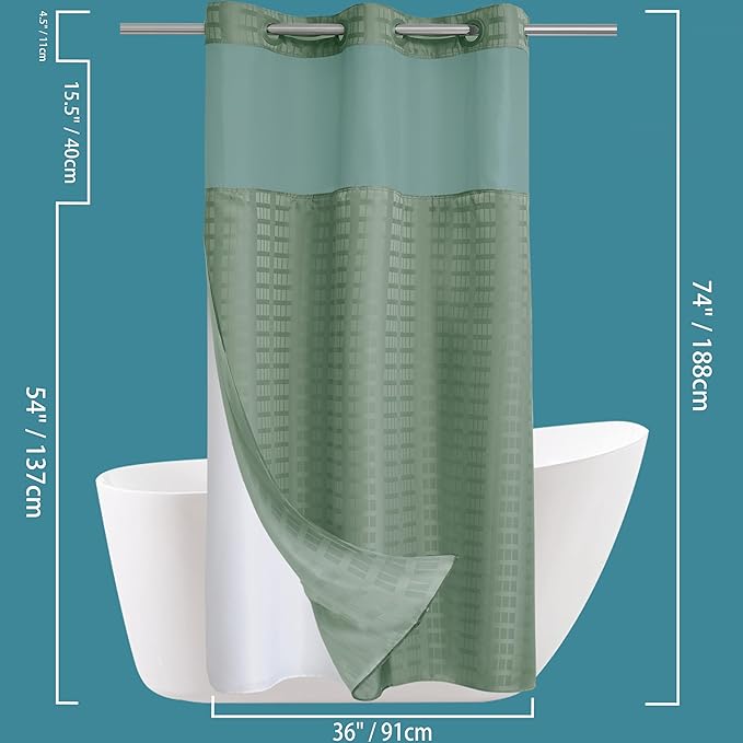 Conbo Mio Stall No Hook Sage Green Shower Curtain with Snap in Liner Set, Hotel Luxury Shower Curtains for Bathroom with See Through Top Window, Waterproof, Washable 36W x 74H