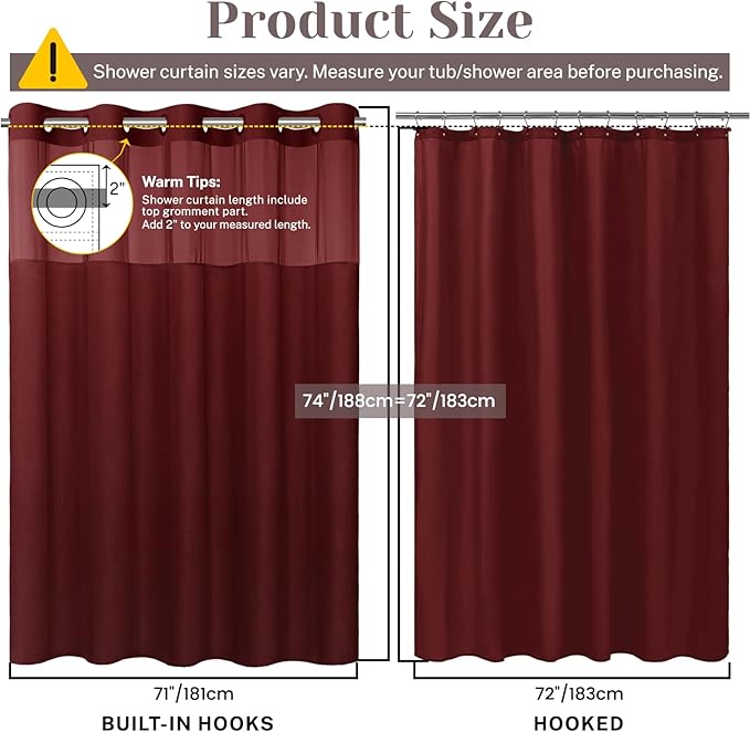 No Hook Slub Textured Shower Curtain with Snap in Liner - Burgundy Fabric Outer Curtain & Waterproof Inner Liner, Hotel Style with See Through Top Window, 71x74 in