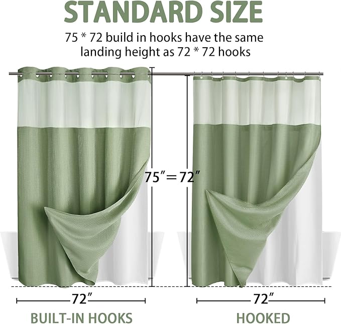 YellyHommy No Hook Shower Curtain with Snap in Liner Set Less Time Sage Green Waffle Shower Curtain for Bathroom 75" L x 72" W