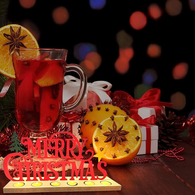 Metal Merry Christmas Sign, Tiered Tray Decor with 18 Pcs Tealights, Red Christmas Decorations Tea Lights Candles Holders for Home, Office, Shelf, Mantel, Indoor, Table, Winter Decoration