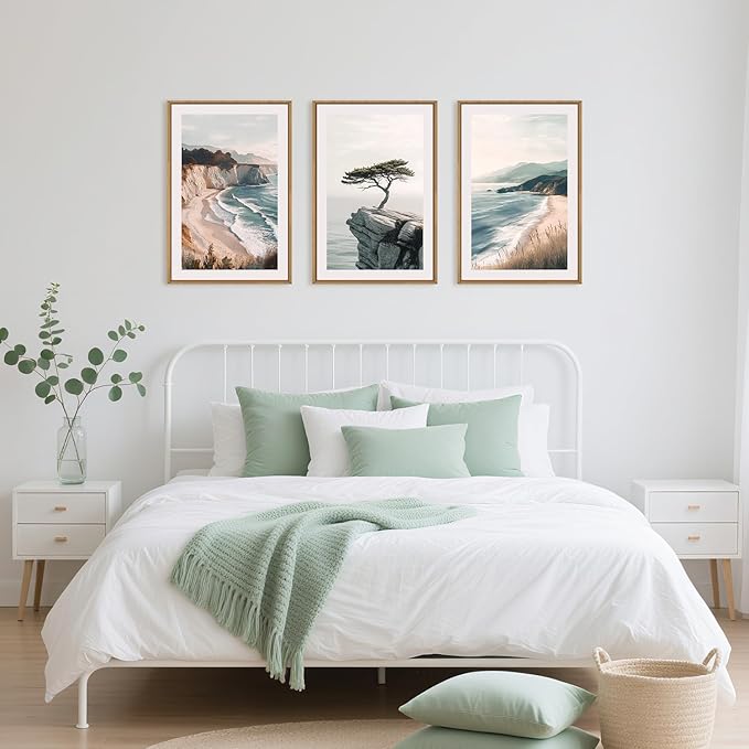 Amalfi Coastal Seascape Framed Canvas Wall Art Set, Summer Ocean Wall Decor, Southwestern Beach Wall Painting, Ocean Seascape Art Prints for Living Room, Bedroom, Dining Room - 24"x36"x3