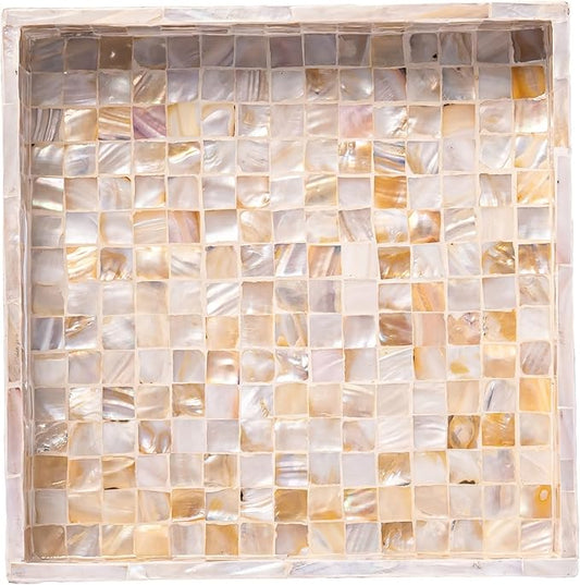 PEMAR 10" Mother of Pearl Catchall Tray for Coffee Table, Entryway, Nightstand. Square Serving Tray Wooden Luxury Decorative Handmade Eating Platters w Insert Handles (White Cream Squares Pattern)