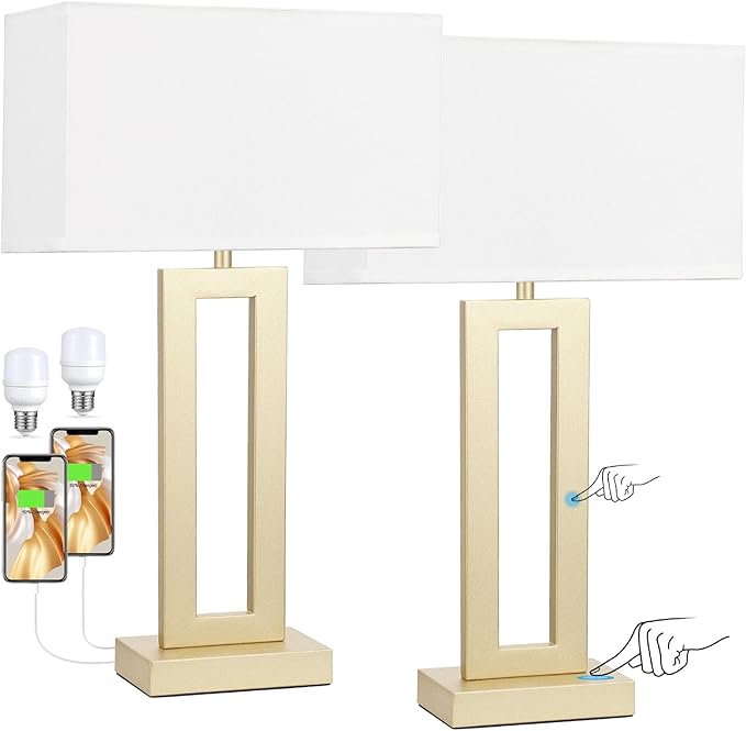 Seealle 22" Tall Bedroom Lamps for Living Room - Touch Gold Bedside Lamps with USB C+A, 3 Way Dimmable for Nightstand, Modern Night Stands for End Tables (White & Gold)