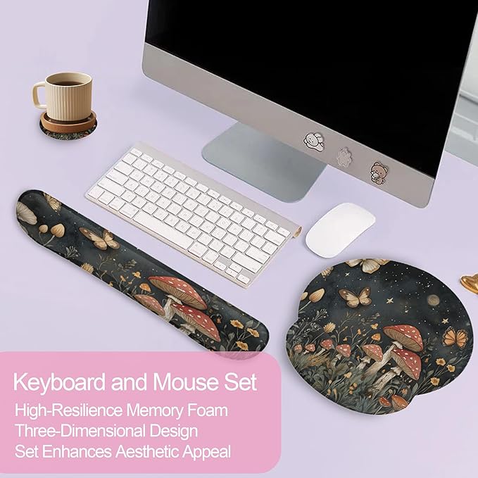 Mushroom Flower Butterfly Magic Mouse Pad with Wrist Rest and Keyboard Wrist Rest Set, Non-Slip Rubber Base Memory Foam Mouse Pad Set for Women, Office Desk Accessories, Gaming