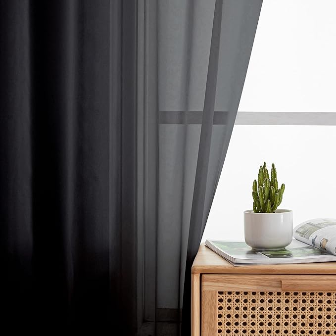 Aiyufeng Black Sheer Curtains 96" Long for Living Room Windows, Voile Sheer Casual Light Filtering Window Curtain Drapes for Bedroom, 40" Wide, Set of 2