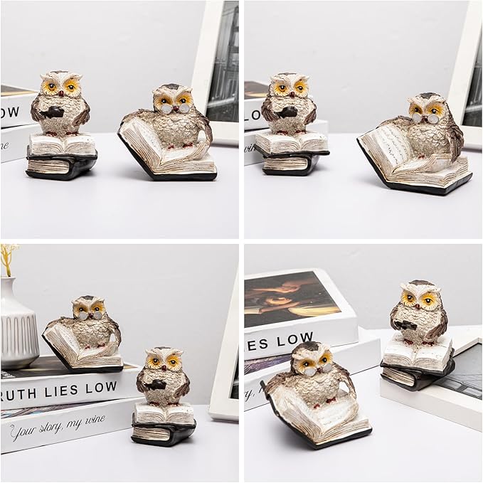 Adorable Reading Owl Statue, 2 Wise Owl Thinker Sculptures Home Decor Accents, Retro Animal Decor Owl Figurines for Living Room Bedroom Office TV Stand Tabletop Shelf Mantel, Gift for Men Birds Lover