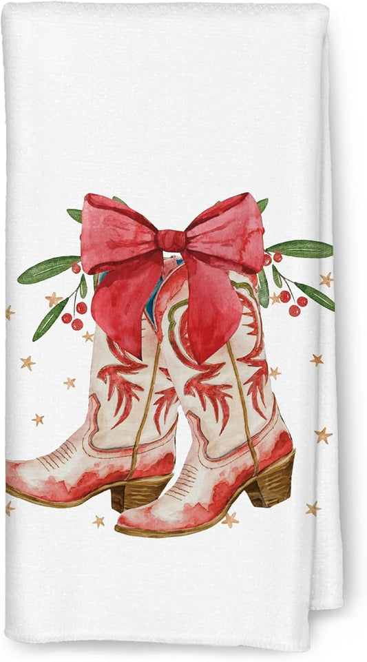 Western Christmas Kitchen Towels, Christmas Coquette Red Bow Cowgirl Boots Decorative Hand Towels for Bathroom, Christmas Dish Towels for Kitchen, Western Christmas Kitchen Bathroom Decor, 16x24 Inch