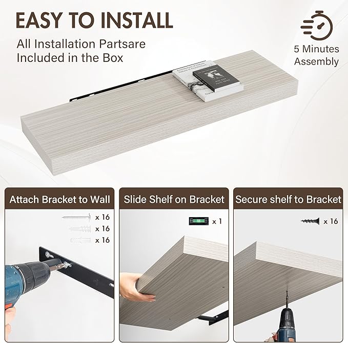 40 Inch Floating Shelves, 12" Deep Floating Shelf Wall Mounted, 40" Wall Shelves, Rustic Deep Bookshelf, Extra Deeper & Thicker Display Shelves for Bedroom, Living Room, Gray, Set of 2