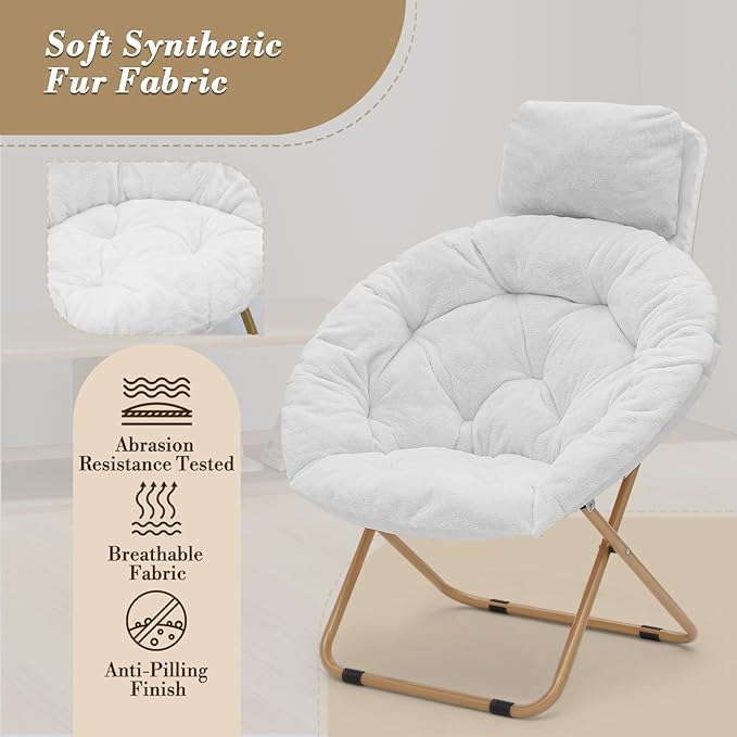 Athena Collection Comfy Saucer Chair with Headrest Oversize Round Cozy Chair Folding Chair Faux Fur Metal Frame Foldable Reading Chair Accent Chair for Bedroom Living Room Set of 2, White