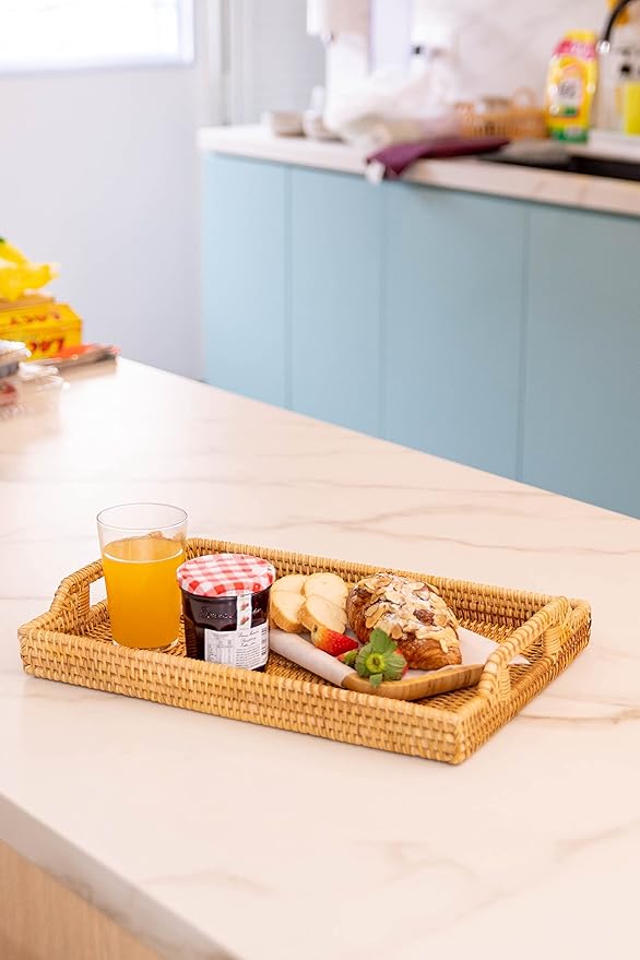 Hand-Woven Rattan Serving Tray with Handles for Breakfast, Drinks, Snack for Dining/Coffee Table (14.5 inch (37 cm), Rectangular)