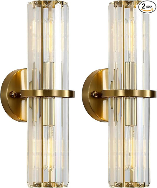 Crystal Wall Sconce Set of Two, Brushed Gold Bathroom Wall Light, Modern Sconces Wall Decor. 2-Light Luxury Indoor Wall Lamp 15.7-Inch for Living Room, Hallway, Mirror, Bathroom, Vanity. E26