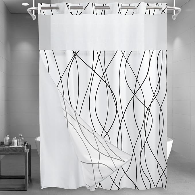 No Hook Black and White Striped Long Shower Curtain with Snap in Liner Set - Hotel Shower Curtain and Liner Set with See Through Mesh Top Window,Machine Washable, 71x86 INCH