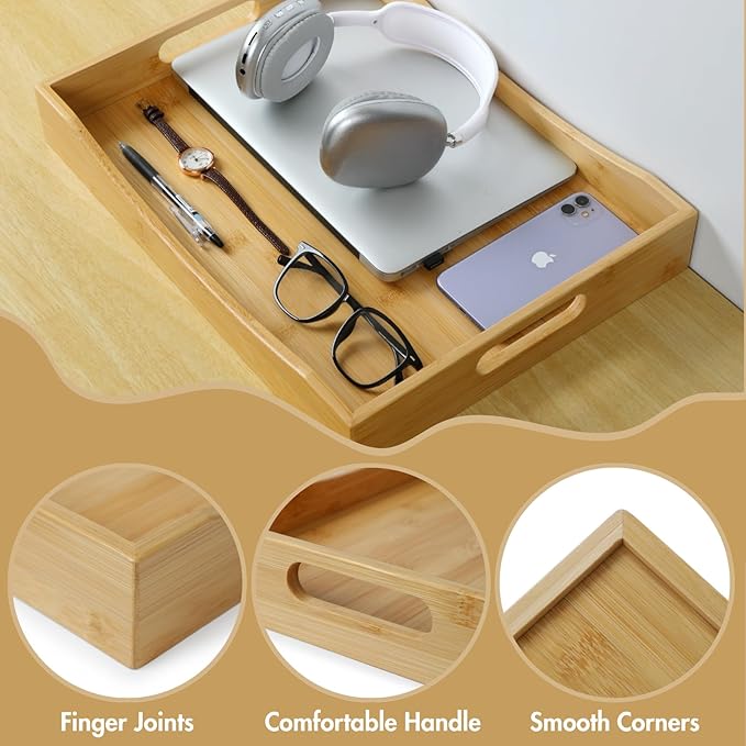 Gobam Bamboo Serving Tray with Handles, 16.5 x 12.4 inch Rectangular Decorative Tray for Entryway, Kitchen, Dining & Living Room, Large Wooden Breakfast Trays for Bed, Coffee Table & Ottoman