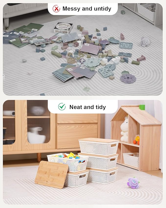 Storage Bins with Lids 6 Packs, Plastic Storage Bins with Bamboo Lids for Pantry Organization and Storage Containers for Shelves Drawers Desktop Closet Playroom Classroom Office Home, White