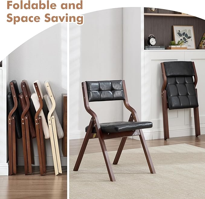 4-Pack Folding Dining Chairs with Cushion,Faux Leather Padded Foldable Dining Chairs,Portable Wooden Folding Chairs for Dining Rooms Kitchen Wedding and Party Indoor Black