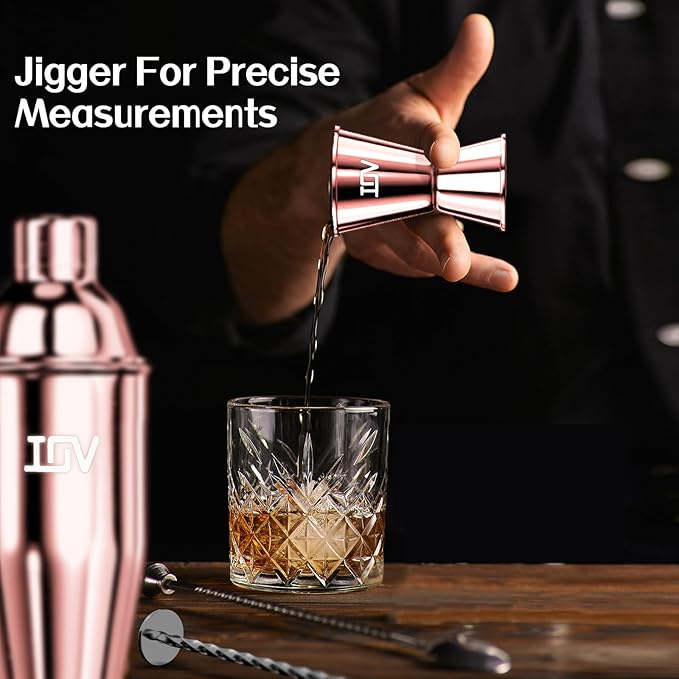 IOV Cocktail Shaker Bar Set, 24oz Martini Shaker with Built-In Strainer, Bar Tool Kit with Recipes Booklet, Professional Stainless Steel Large Bartender Drink Shaker Margarita alcohol Mixer- Rose Gold
