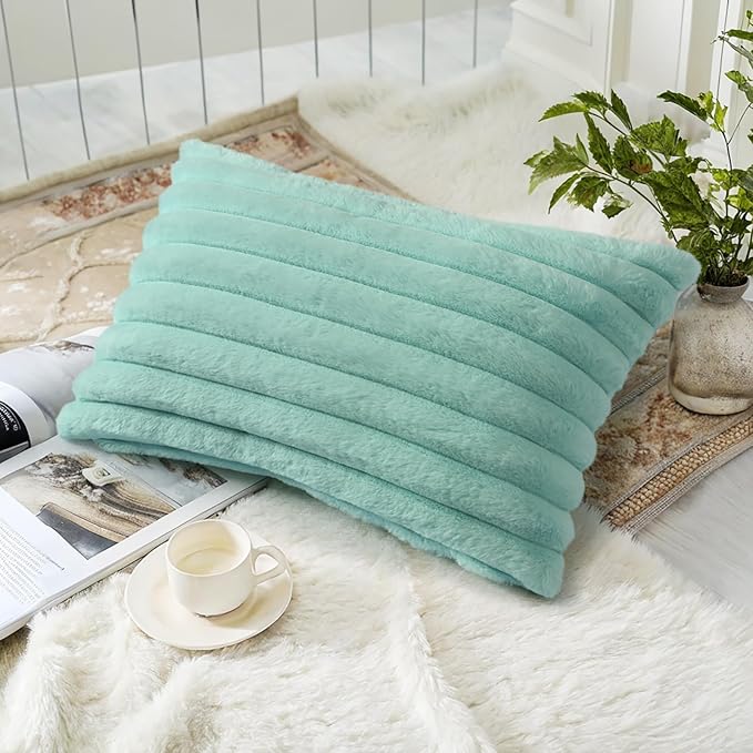 decorUhome Faux Fur Throw Pillow Covers 12x20 Set of 2, Decorative Soft Plush Striped Lumbar Neutral Couch Euro Pillow Covers with Velvet Back for Sofa, Bed, Living Room Home Decor, Aqua