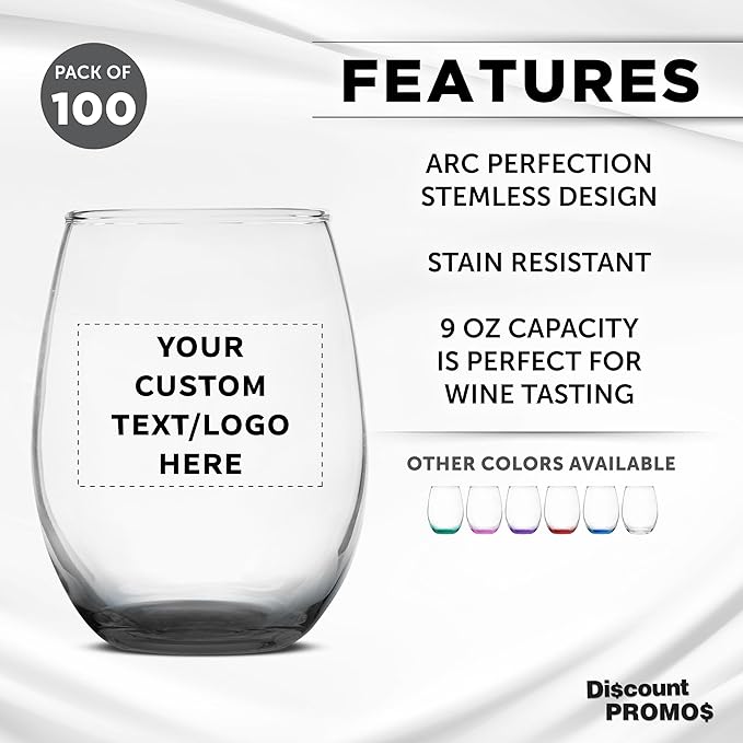 Custom Stemless Wine Glass 9 oz. Set of 100, Personalized Bulk Pack - Great for Wedding Favors, Bachelorette Party Decorations, Party Fovors, Color Bottom - Black