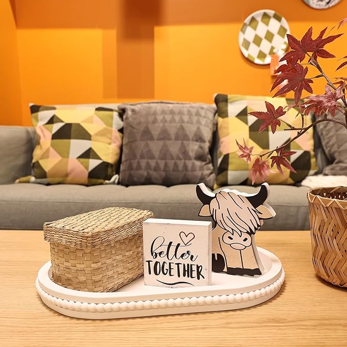 Oval Wood Serving Tray with Wooden Beads, Outdoor Farmhouse Decorative Tray for Ottoman, Coffee Table, Kitchen Counter Organizer, Home Decor(White)