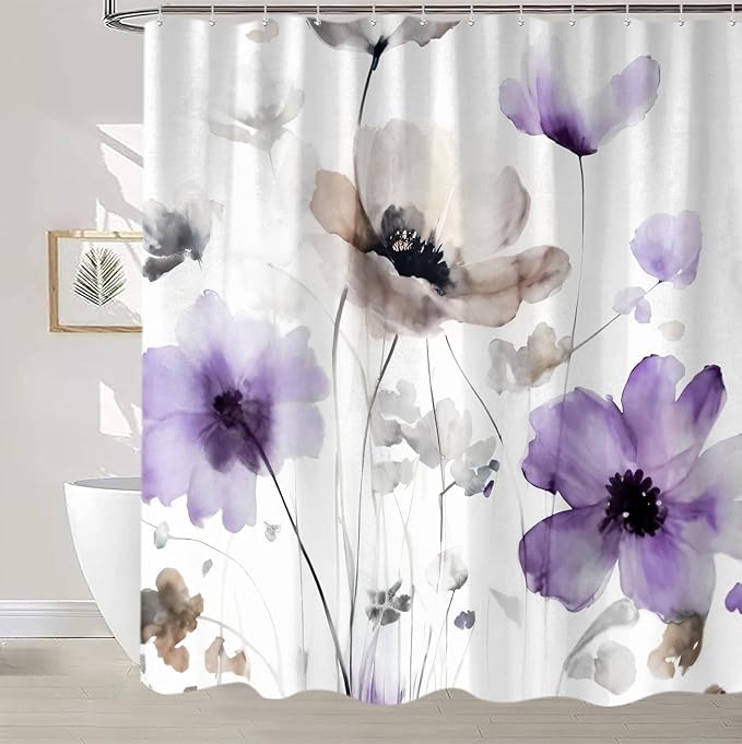 Boho Floral Shower Curtain, Cream Tan Beige Purple Grey White Flower Farmhouse Fabric Shower Curtains Set for Bathroom Decorative with Hooks 72 X 72 inch Spring Bath Decor