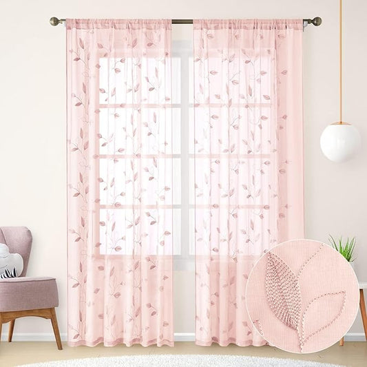 HOMEIDEAS Blush Pink Sheer Curtains 52 X 96 Inches Length 2 Panels Embroidered Leaf Pattern Pocket Faux Linen Floral Semi Sheer Voile Window Drapes for Bedroom Living Room