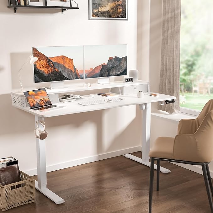 48 x 24 Inch Standing Desk with 2 Drawers, Easily Assembled Height Adjustable Desk, Ergonomic Sit to Stand Electric Desk for Home Office Workstation, White