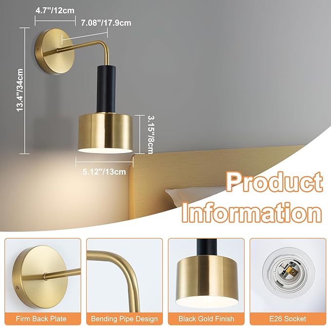 Battery Operated Wall Sconces Set of 2,Gold Wireless Sconce Wall Lighting with Remote Control Indoor,E26 Base Modern Led Wall Lamp Fixtures for Bedroom Living Room Hallway Corridor Porc