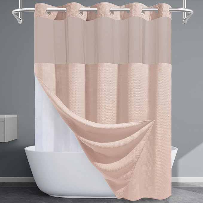 Blush Pink Long No Hook Shower Curtain with Snap in Liner,230GSM Waffle Weave Shower Curtains for Bathroom,71W x 86H