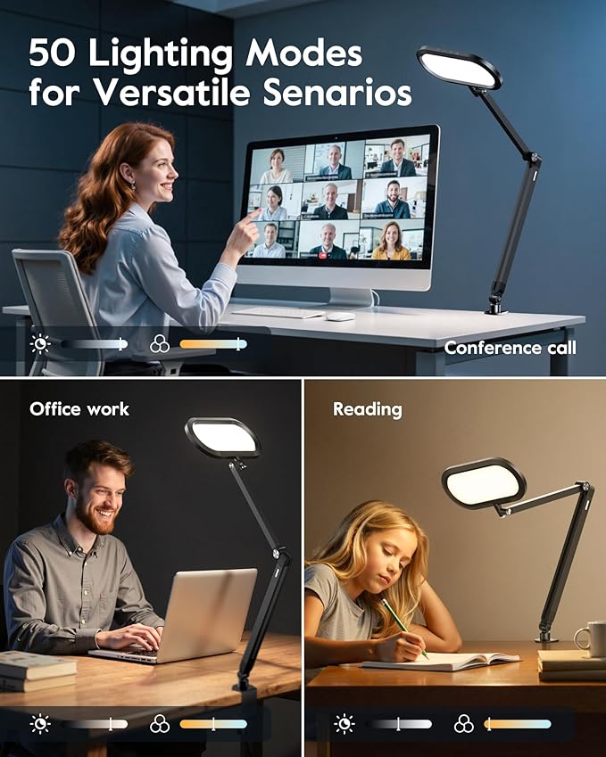 LED Desk Lamp for Home Office, Eye-Care Double-Sided Desk Light with Stepless Dimmable Knob Remote, Memory, Adjustable Arm Clip on Light for Video Recording, Zoom Call, Study, Flicker-Free, Glare-Free