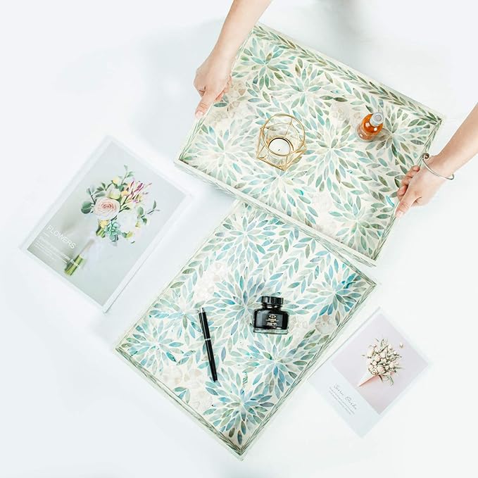 i-lan Creative Rectangular Mother of Pearl Severing Tray Lacquer Wooden Decorative Tray Handmade Shell Serving Tray with Handles and 2 Inch Side, Large Beige Blue Inlay Nacre Ottoman Tray (15.75")