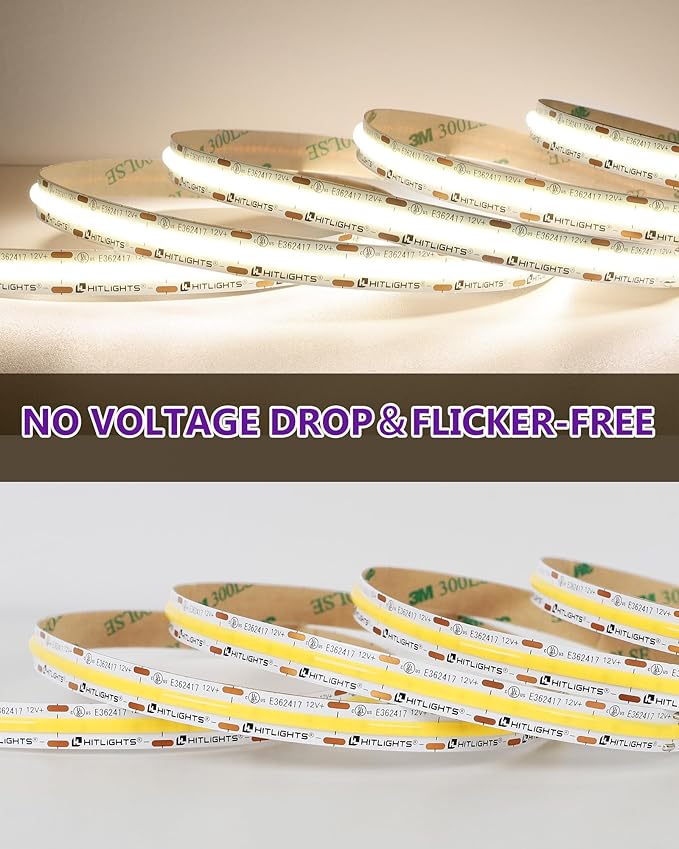 HitLights White COB LED Strip Lights 4000K, 12V Tape Light 16.4ft, 2640 LEDs, 426 lm/ft, CRI 90+, IP30, Premium High Density Lighting for Kitchen, Cabinets, Room, UL Listed(Power Source Not Included)