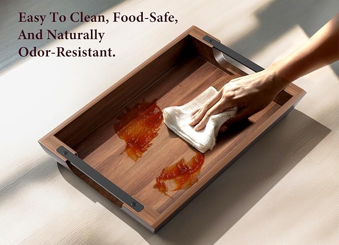 Acacia Wood Serving Tray with Metal Handles, 15x10 Inch Decorative Tray for Coffee Table Ottoman - Rustic Wooden Breakfast & Drink Tray, Farmhouse Centerpiece