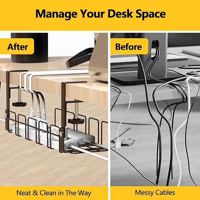 Under Desk Cable Management Tray,15.7” No Drill Cord Organizer with Clamps for Wire Management,4MM Under Desk Cable Management Tray for Home Office,Metal