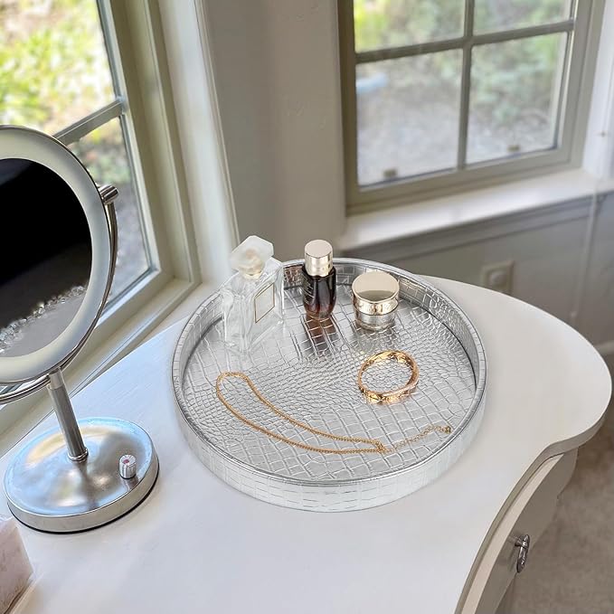 HofferRuffer Faux Leather Round Serving Tray, Vegan Croco Leather Decorative Tray, Food Tray for Storage Drinks, Snack & Cosmetics, Dia.12'' x 1.6'' (Silver)