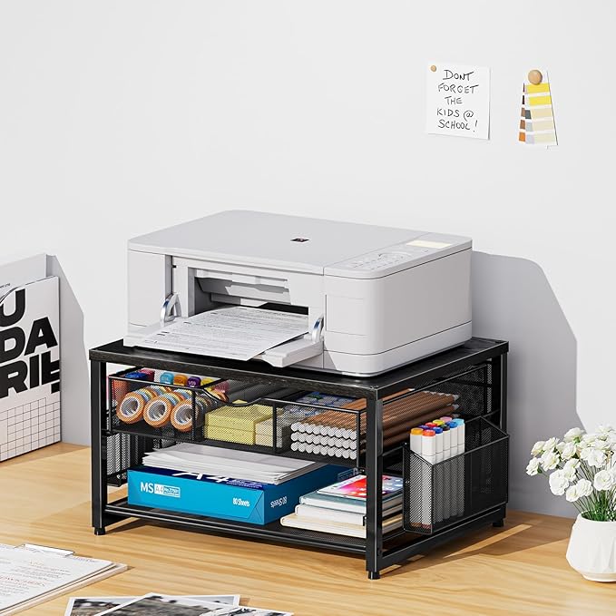 Marbrasse Wood Printer Stand for Desk, 2-Tier Desktop Printer Table for Home Office, Printer Stand with Storage Drawer 2 Pen Holders, Multi-Purpose Desk Organizer for Fax Machine Scanner (Wood Black)