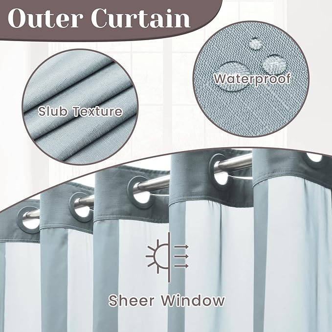 No Hook Slub Textured Shower Curtain with Snap in Liner - Stone Blue Fabric Outer Curtain & Waterproof Inner Liner, Hotel Style with See Through Top Window, 71x74 in