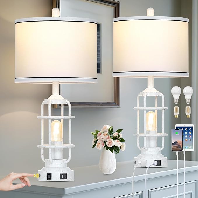 Farmhouse Industrial Lamps with USB A+C Charging Ports & AC Outlet, 3 Way Dimmable Touch Control Vintage Rustic Table lamps for Living Room, White Retro Beside Nightstand Metal Modern Lamp for Bedroom