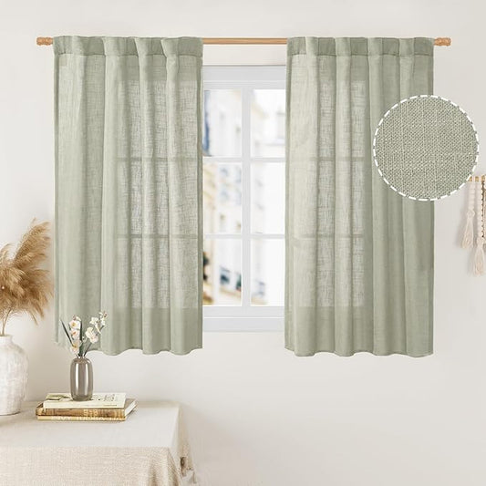 LAMIT 45 Inch Length Linen Curtains for Small Window, Semi Sheer Light Filtering Panels Back Tab and Rod Pocket Neutral Drapes for Bedroom, Sage Grey, 2 Panels, 34 x 45 Inch