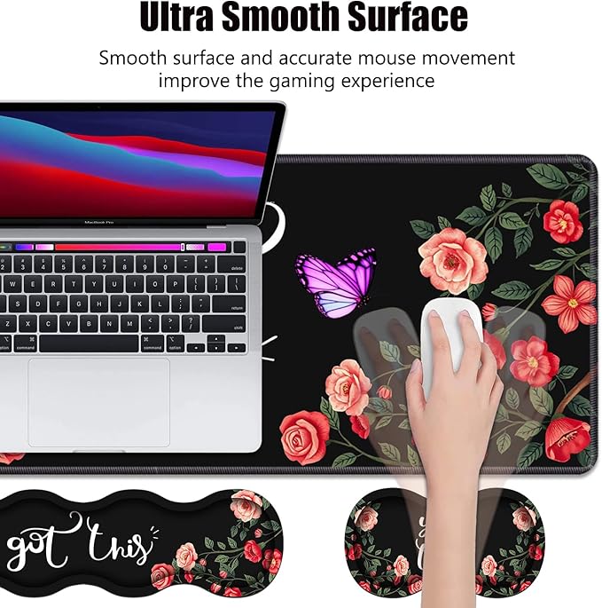 4 in 1 Ergonomic Memory Foam Mouse Pad Wrist Rest Set, Large XXL Gaming Desk Pad + Keyboard Wrist Rest + Mouse Wrist Cushion + Coaster for Home Office Study Gaming, You Got This Inspirational Quote