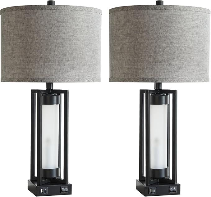 RORIANO Set of 2 Modern Table Lamps for Living Room with USB C+A Ports, Rustic Nightstand Lamp with White Night Light, Retro Desk Lamp for Bedroom End Table Entryway, 4 Bulb Included (Black)