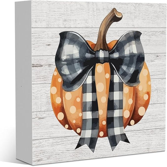 Fall Decor Polka Dots Pumpkins Bow Striped Plaid Wooden Box Gifts Thanksgiving Decorations for Home Indoor Wood Square Sign Desk Block Signs Home Shelf Office Decoration 5 x 5 Inches Tub1905