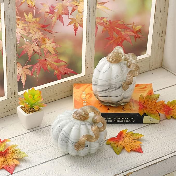 Glitzhome Hand Blown Glass Pumpkin Table Accent for Fall Harvest Thanksgiving Halloween Decorations Gray Marble 5.71" H