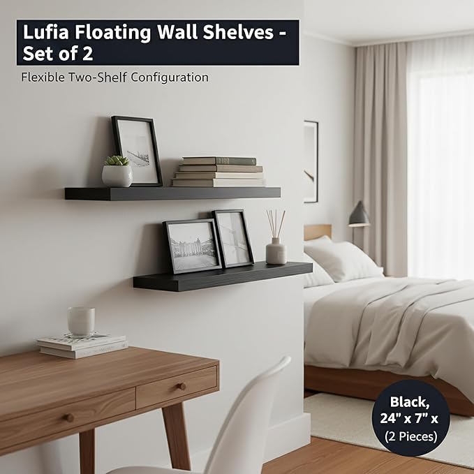 Lufia Floating Wall Shelves, Set of 2, MDF with Invisible Brackets, Modern Storage for Bedroom, Bathroom, Living Room, Kitchen (Black, 24" W x 7" D x 1.5" H)